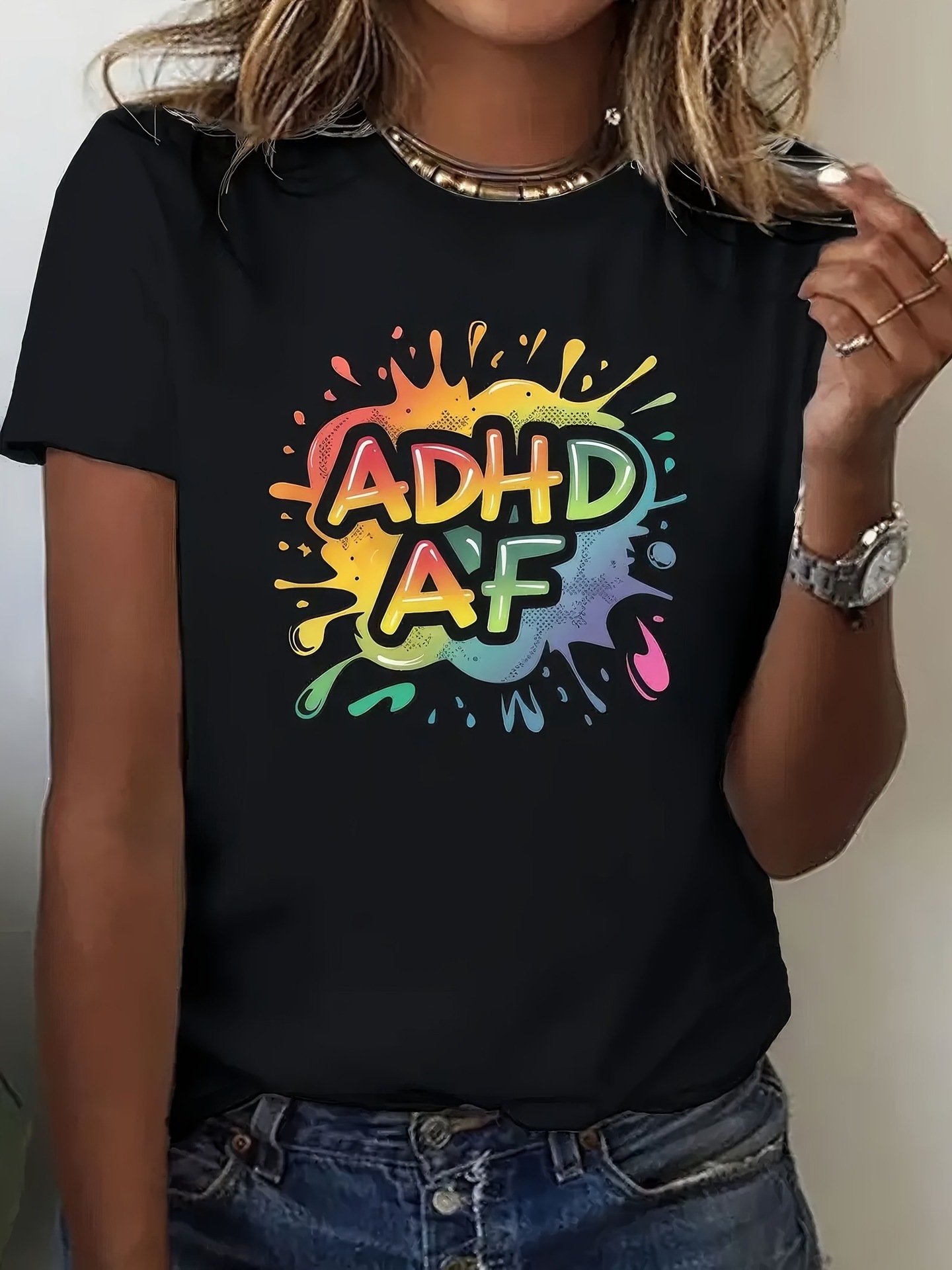 Letter Print ADHD AF Crew Neck T-shirt Casual Short Sleeve - Image 2